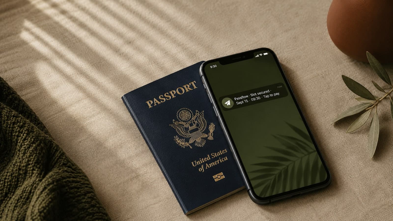 iPhone showing Passflow Telegram notification next to a navy passport
